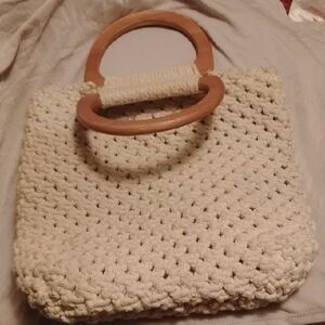 Handcrafted Cream Crochet Tote Bag with Wooden Handles